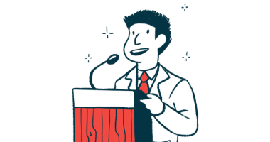 Illustration of a speaker at a dais.