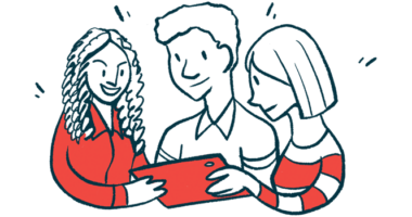 Three people look at a tablet together.