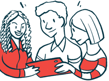 Three people look at a tablet together.