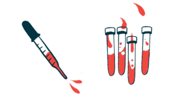 A dropper is seen squirting blood alongside four half-filled vials.