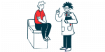 A doctor consults with a patient who's sitting on an examining table.