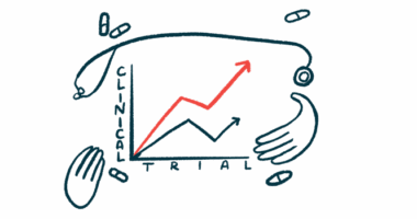 An illustration of a clinical trial chart showing a red line trending in a positive direction.