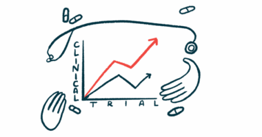 An illustration of a clinical trial chart showing a red line trending in a positive direction.