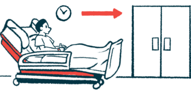 An illustration of a patient on a gurney being wheeled toward doors.