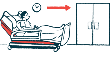 An illustration of a patient on a gurney being wheeled toward doors.