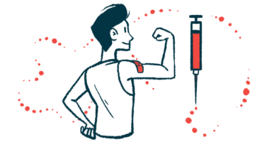 A giant needle floats alongside a person seen from behind flexing a bicep that sports a bandage.