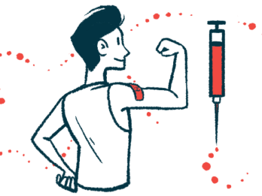 A giant needle floats alongside a person seen from behind flexing a bicep that sports a bandage.