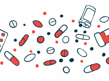 A large number of oral medications are seen scattered together alongside two prescription pill bottles.