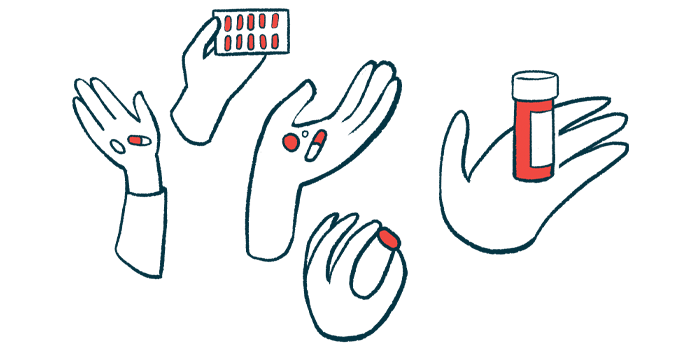 A drawing shows five hands holding various types of medication.