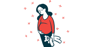A pregnant woman holding a teddy bear in one hand cradles her belly with the other hand.