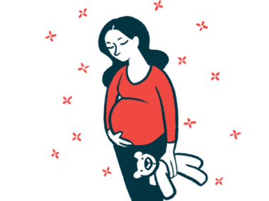 A pregnant woman holding a teddy bear in one hand cradles her belly with the other hand.