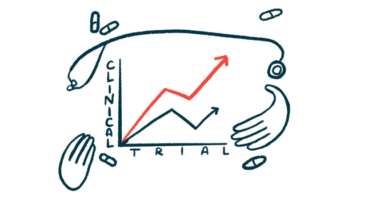 Two hands, a stethoscope, and some medications surround a clinical trial graph showing positively trending results.