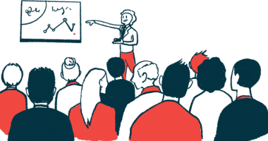 Illustration depicts a speaker and audience in a conference room.