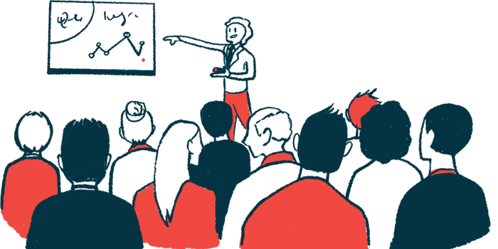 Illustration depicts a speaker and audience in a conference room.