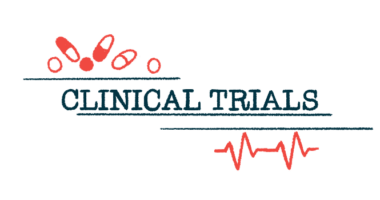 The words 'clinical trials' are pictured in all capital letters, with a handful of oral medications at the top left corner and a heart monitor reading at the bottom right.