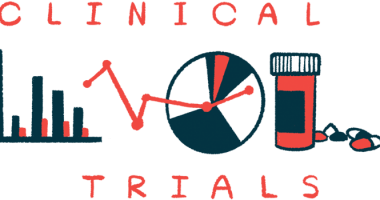 A pie chart, bar graph line and medicine bottle are shown with the words clinical trials.