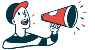 A person shouts an announcement into a megaphone.