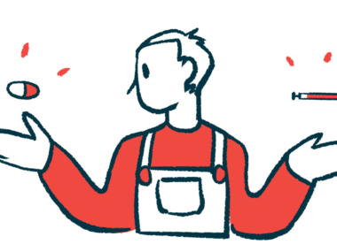 A person looks at two different medicine choices, one an injection, the other a pill, held in each hand.