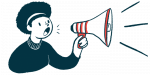 An illustration of a woman making an announcement using a megaphone.