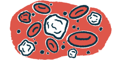 An illustration shows a close-up view of blood cells.