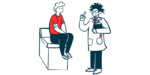 A doctor holds a clipboard and gestures while talking to a patient who sits on an examining table.