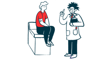 A doctor holds a clipboard and gestures while talking to a patient who sits on an examining table.