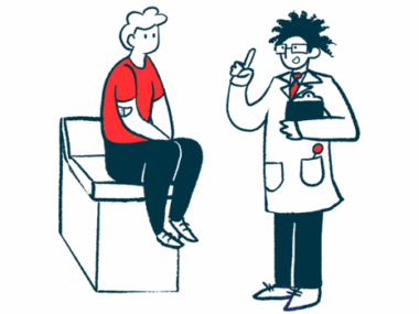 A doctor holds a clipboard and gestures while talking with a patient who sits on an examining table.