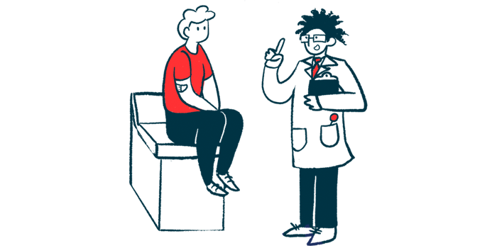 A doctor holding a clipboard talks to a patient who's sitting on an examining table.