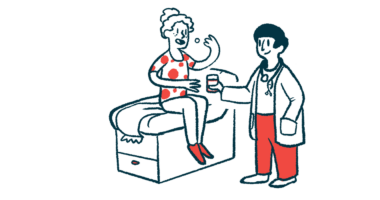 A patient seated on an examination table takes oral medication given by a doctor.