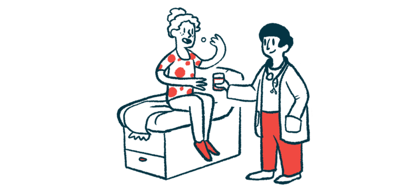 A patient seated on an examination table takes oral medication given by a doctor.