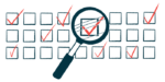 An illustration showing a magnifying glass hovering over one checked box among a number of such boxes.