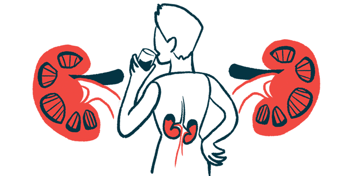 A person drinks a beverage in an illustration that highlights his kidneys.