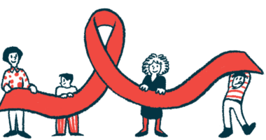 A group of people hold up a giant awareness ribbon in this illustration.