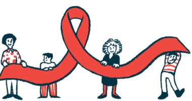 A group of people hold up a giant awareness ribbon in this illustration.