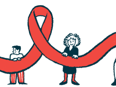 A group of people hold up a giant awareness ribbon in this illustration.