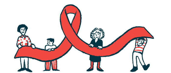 A group of people hold up a giant awareness ribbon in this illustration.
