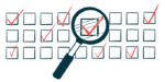 A magnifying glass hovers over a check mark made on a grid of boxes.