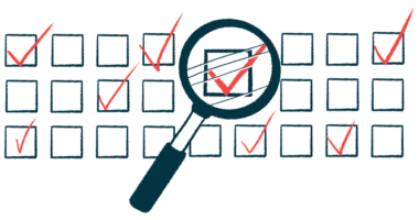 A magnifying glass hovers over a check mark made on a grid of boxes.