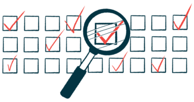 A magnifying glass hovers over a check mark made on a grid of boxes.