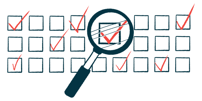 A magnifying glass hovers over a check mark made on a grid of boxes.