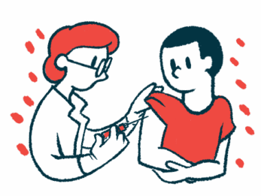 A clinician gives a patient a subcutaneous, or under-the-skin, injection into the upper arm.