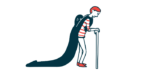A person using a walking cane is hugged from behind by a dark cape resembling a ghost.