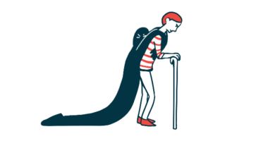 A person using a walking cane is hugged from behind by a dark cape resembling a ghost.