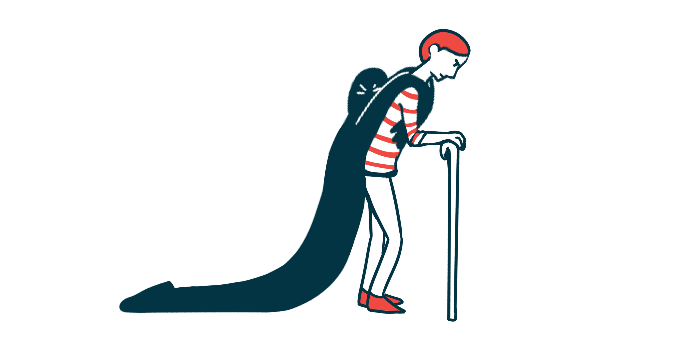 A person using a walking cane is hugged from behind by a dark cape resembling a ghost.