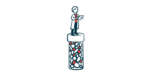 A person in a lab coat holding a clipboard stands on top of a giant pill bottle.