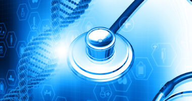 illustration of a stethoscope with DNA on a blue background