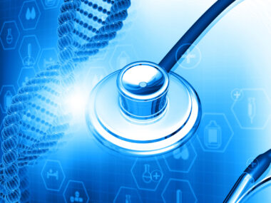 illustration of a stethoscope with DNA on a blue background
