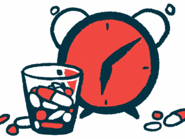 Illustration of pills in a cup next to an alarm clock.