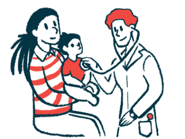 A doctor uses a stethoscope to listen to the chest of a child sitting on a parent's lap.