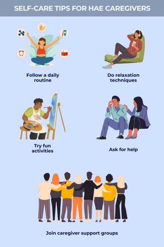 Self-care tips for HAE caregivers infographic